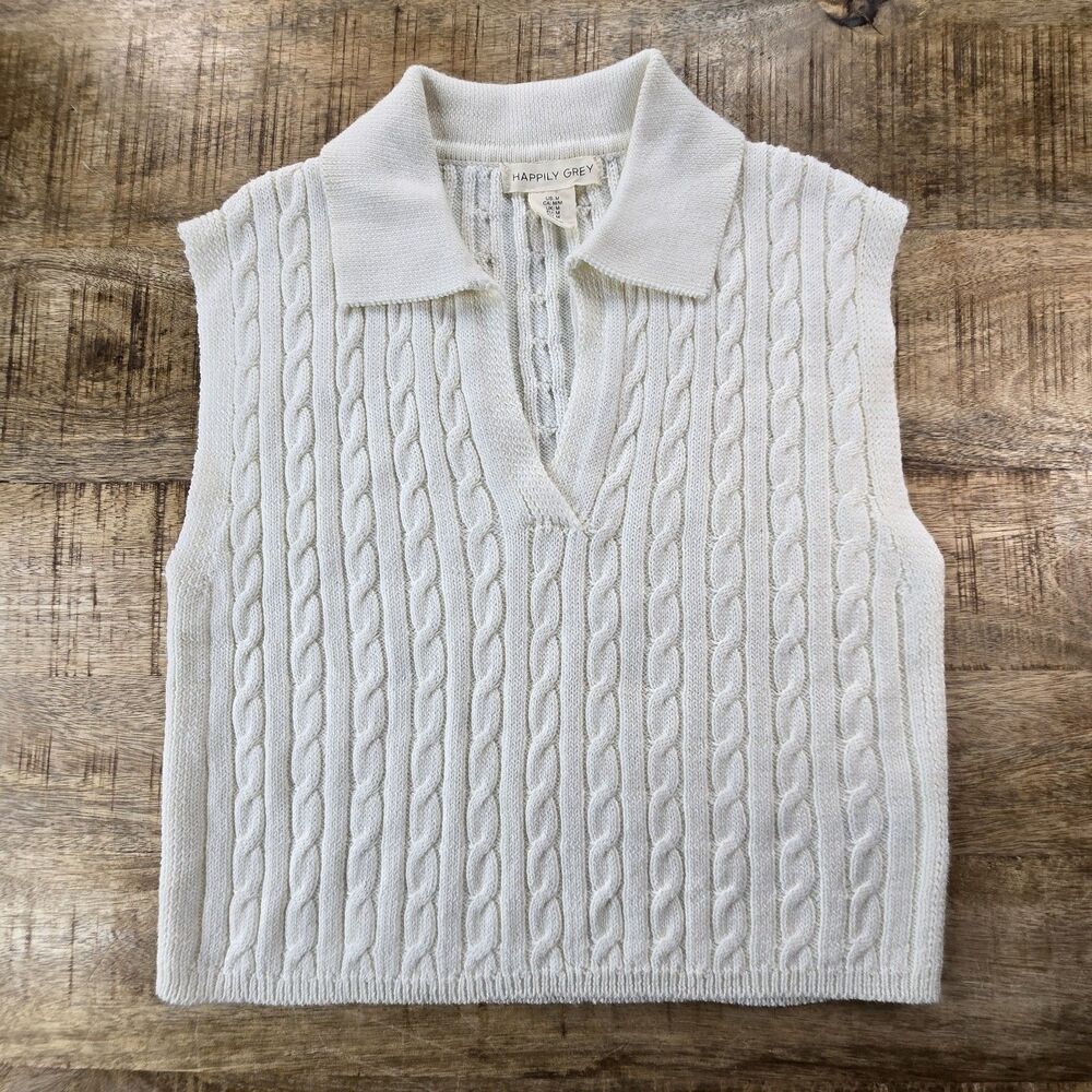 Happily Grey Cable Knit Sweater Vest M Ivory Collared Sleeveless Women’s